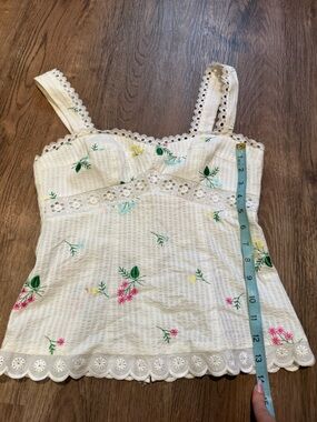 Nanette Lepore White Eyelet Cotton Tank with Pink Embroidery